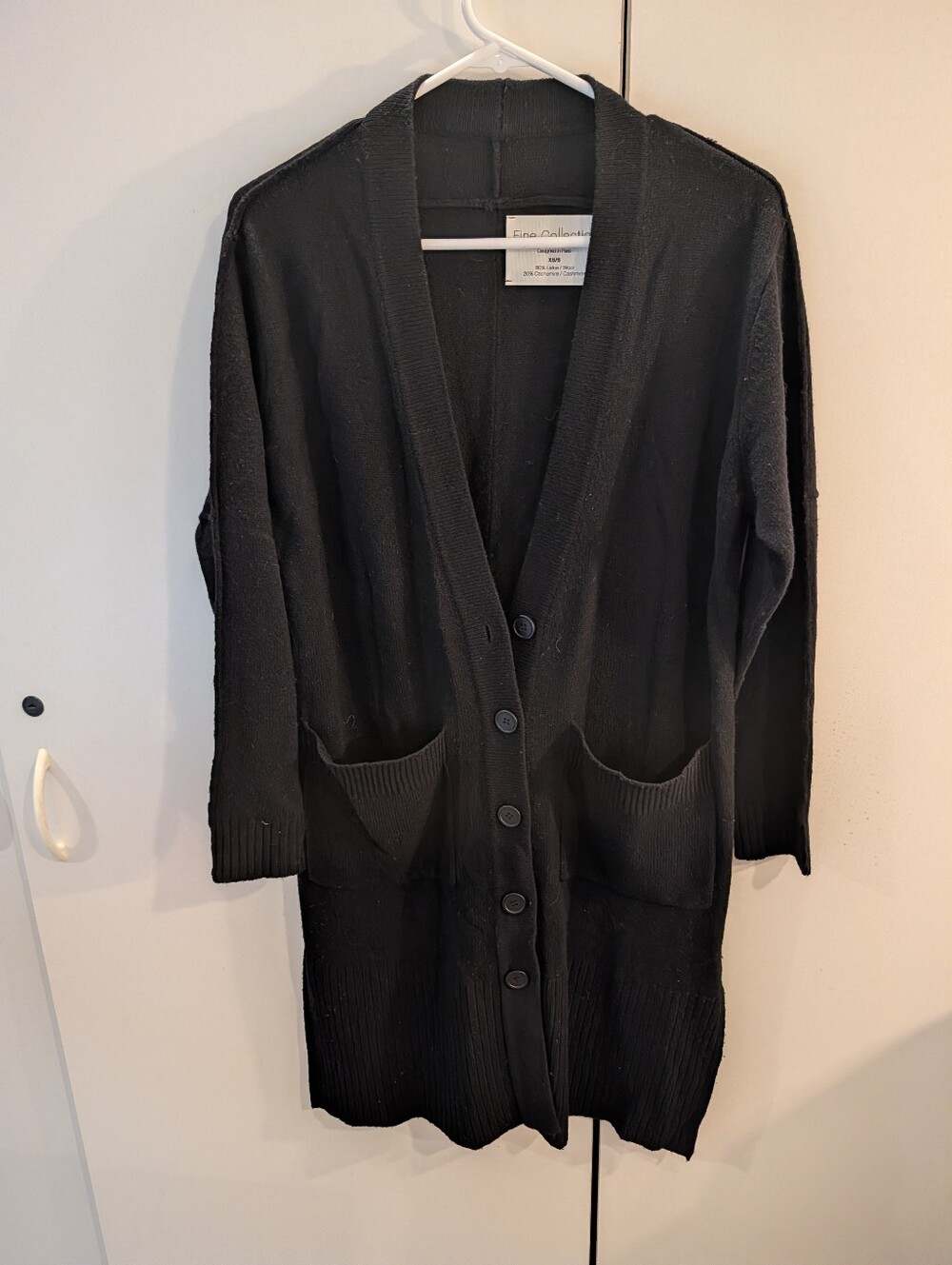 Fine Collection Woman's S Long Black Button-Front Wool/Cashmere Cardigan Sweater